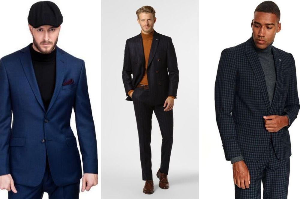 Golf zamiast koszuli do granatowego garnituru będzie doskonały na nieoficjalne okazje, fot. giacomo.pl, vangraaf.com, topsecret.pl.