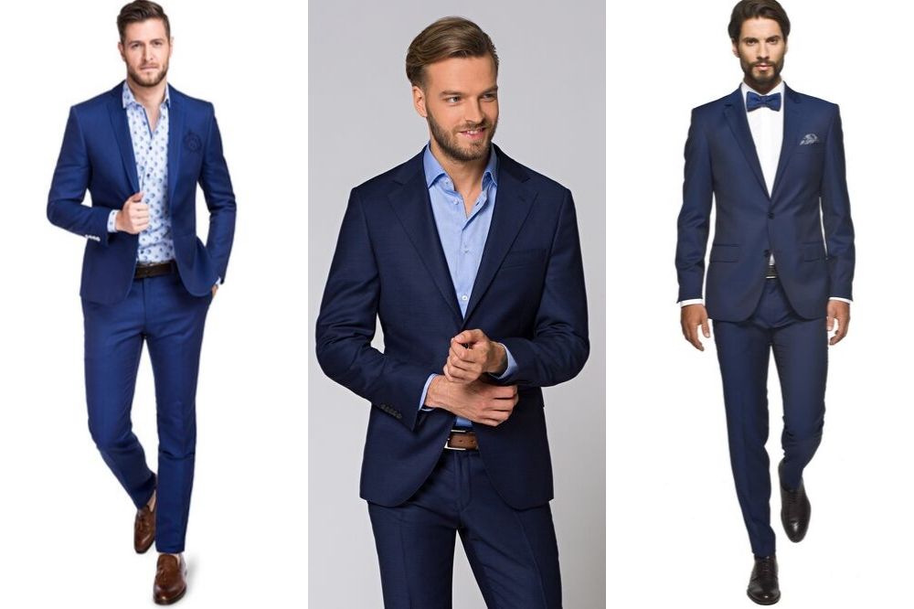 Biała lub niebieska koszula do granatowego garnituru będzie strzałem w dziesiątkę! fot. giacomo.pl, lancerto.com, recman.pl